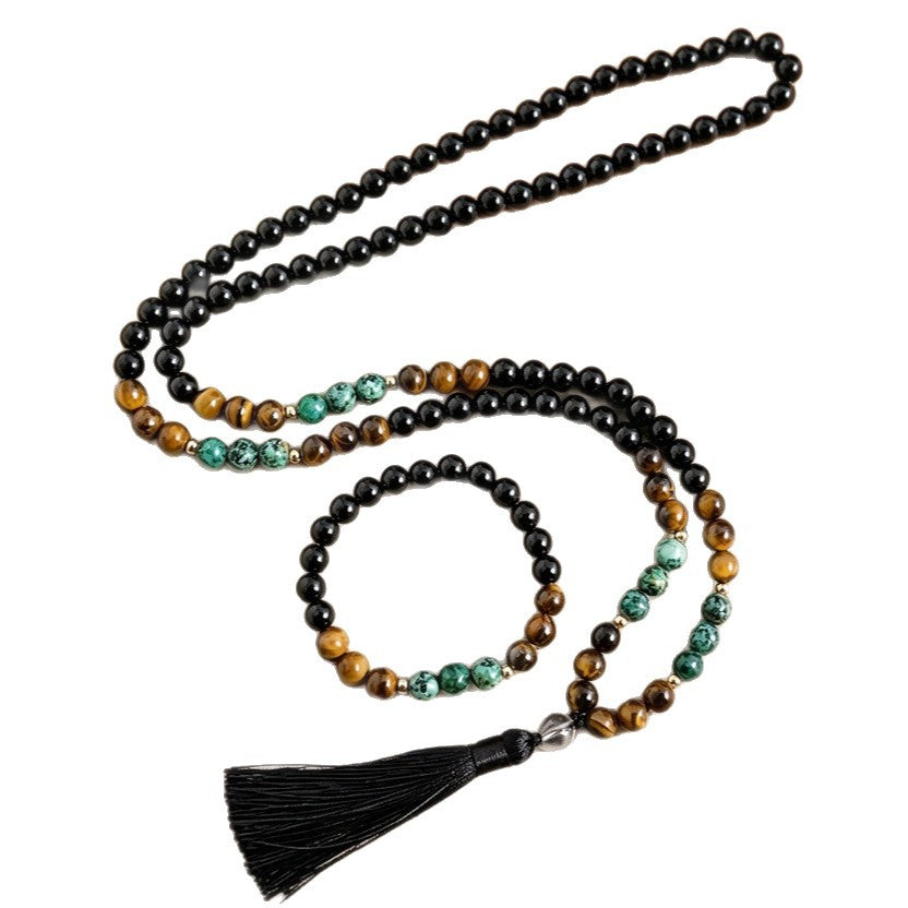 New cross-border 108-bead long tassel necklace with tiger eye stone and African turquoise, suitable for yoga and meditation - image 5