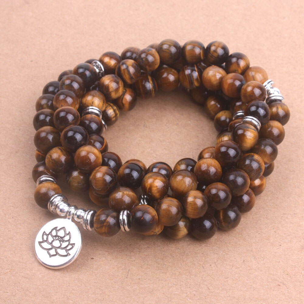 108 Tiger Eye mala beads with Lotus OM Buddhist Charm yoga bracelet for women Natural stone jewelry
