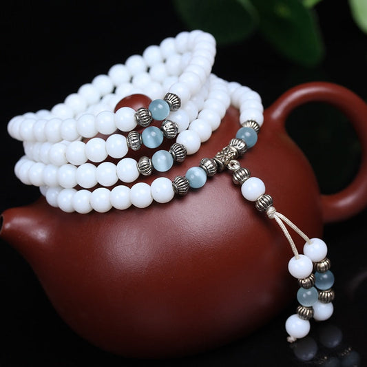 Fashion 6mm White Chalcedony Beaded Stone Tibetan Buddhist 108 Prayer Beads Necklace Gourd mala Prayer Bracelet for Meditation