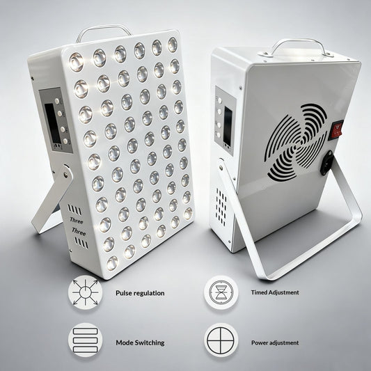 Beampanel – White panel with 60 warm-white LEDs, side stand and control screen, shown front and rear with feature icons