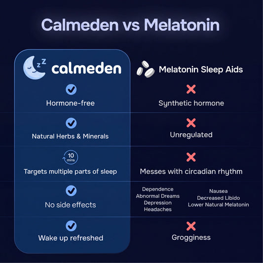 Comparison chart between CalmEden and melatonin sleep aids on a dark background