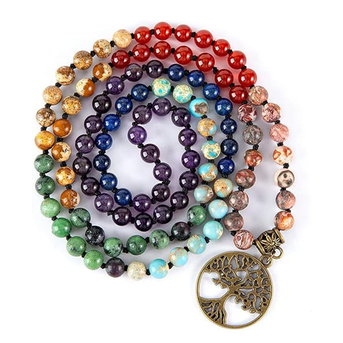 Colorful 108 Mala Bead Bracelet with Genuine Gemstones, Meditation Hand Knot Prayer Beads, Tree of Life Lotus Pendant Yoga Necklace - image 1
