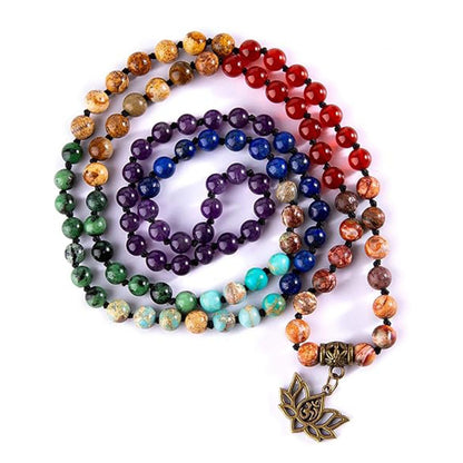 Colorful 108 Mala Bead Bracelet with Genuine Gemstones, Meditation Hand Knot Prayer Beads, Tree of Life Lotus Pendant Yoga Necklace - image 2