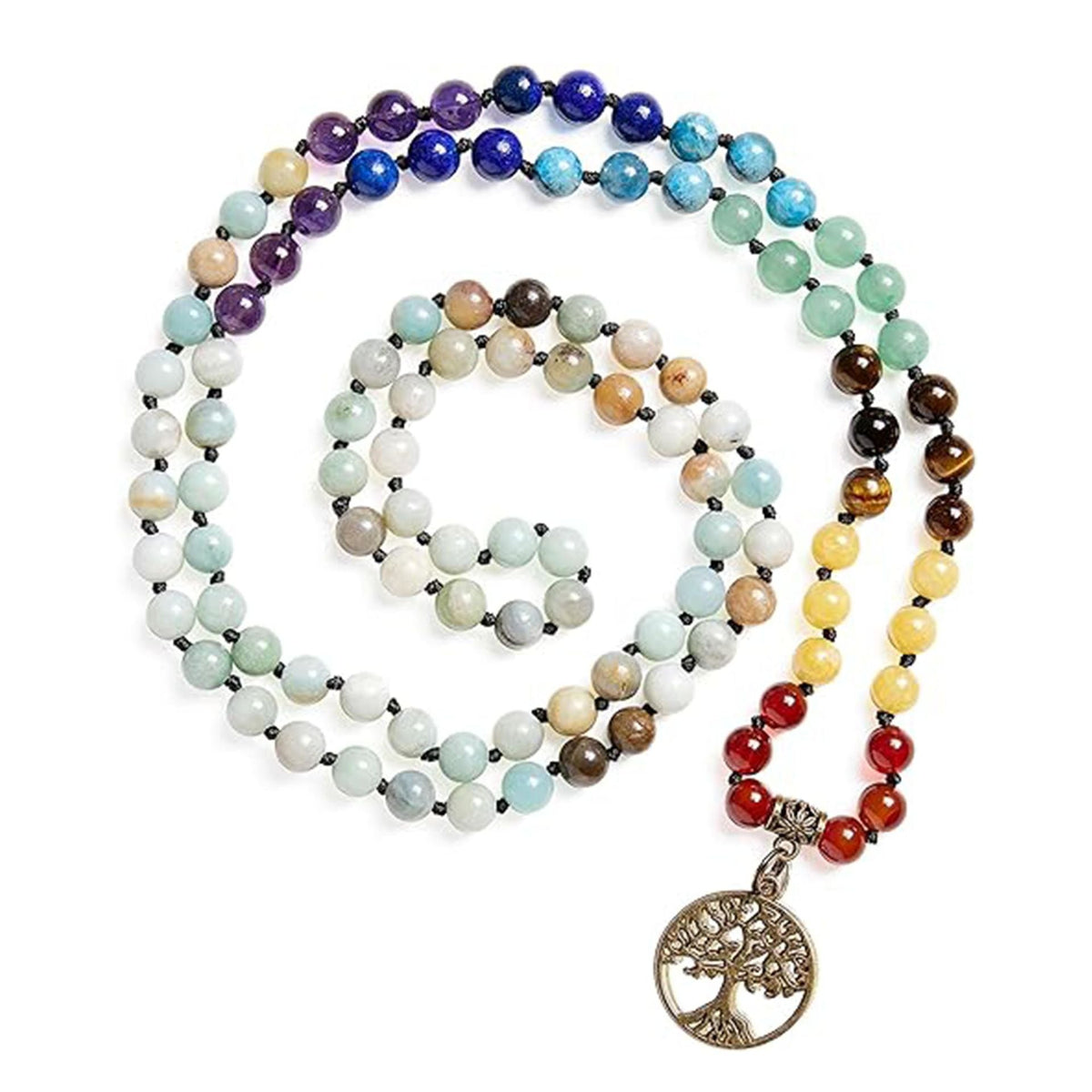 Colorful 108 Mala Bead Bracelet with Genuine Gemstones, Meditation Hand Knot Prayer Beads, Tree of Life Lotus Pendant Yoga Necklace - image 3