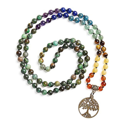 Colorful 108 Mala Bead Bracelet with Genuine Gemstones, Meditation Hand Knot Prayer Beads, Tree of Life Lotus Pendant Yoga Necklace - image 4