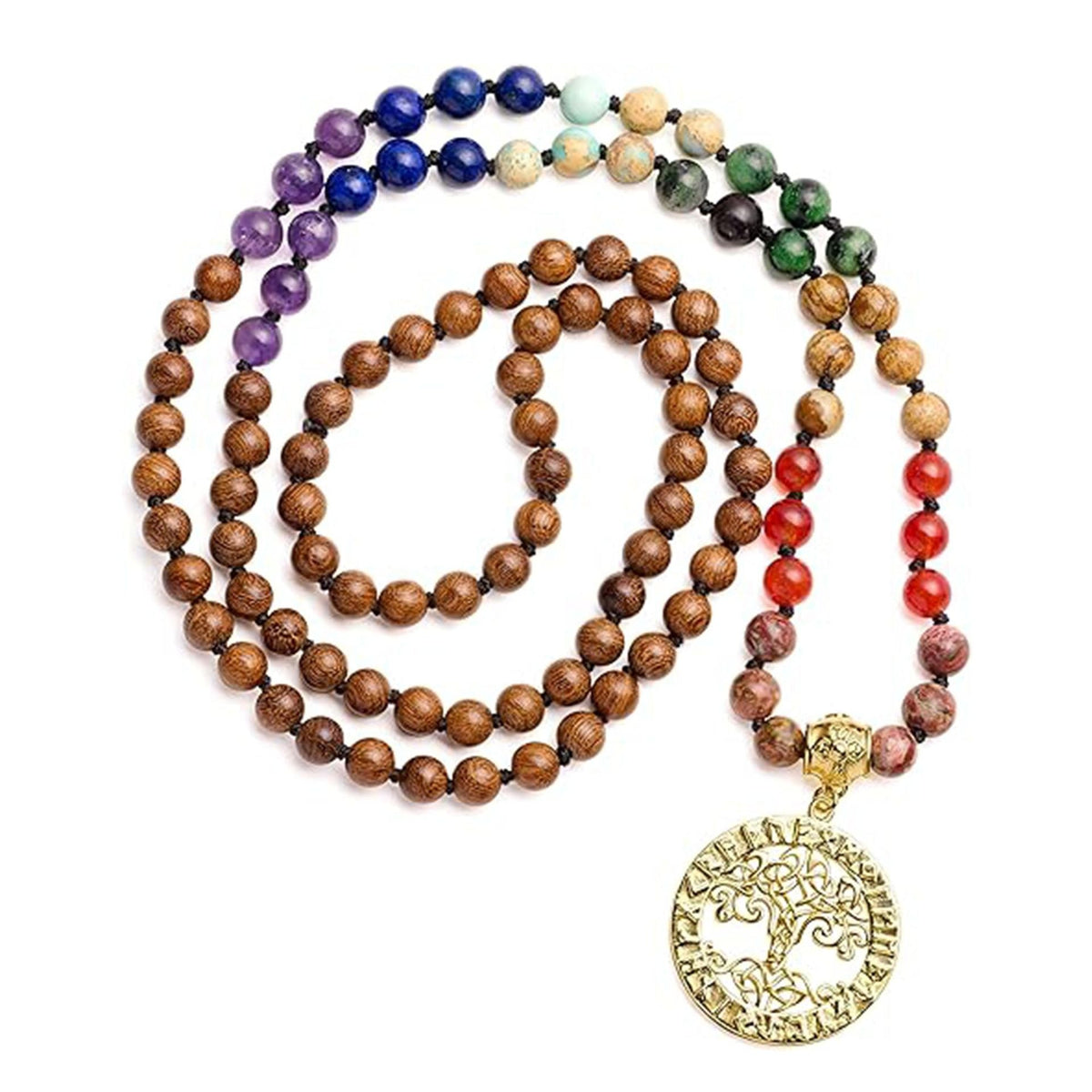 Colorful 108 Mala Bead Bracelet with Genuine Gemstones, Meditation Hand Knot Prayer Beads, Tree of Life Lotus Pendant Yoga Necklace - image 5