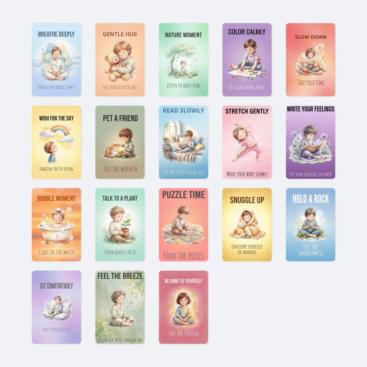 18 Children's Mindfulness Practice Cards, Deep Breathing, Reading, Nature Interaction, Watercolor Illustrations, Emotional Regulation - image 2