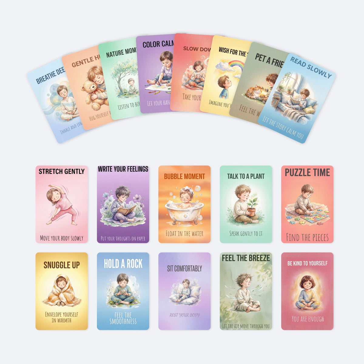 18 Children's Mindfulness Practice Cards, Deep Breathing, Reading, Nature Interaction, Watercolor Illustrations, Emotional Regulation - image 3