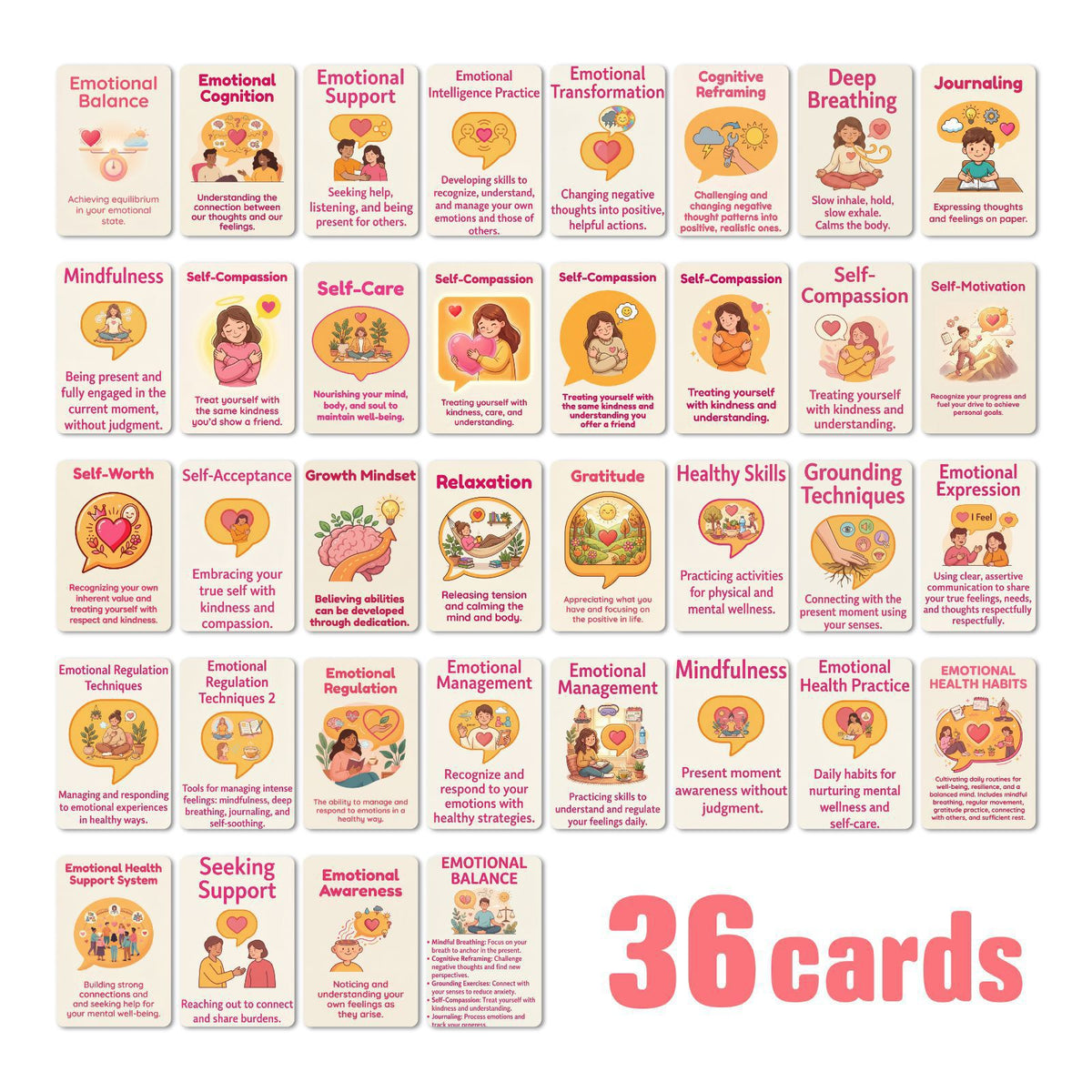 Emotional Health and Psychological Healing Cards Set of 36 Pieces, Ins-Style Journaling Materials, Wall Decoration, Mindfulness Practice Cards - image 1