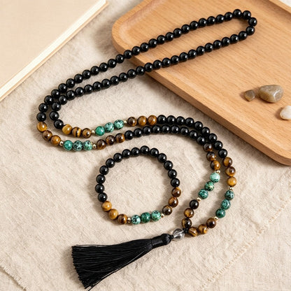 New cross-border 108-bead long tassel necklace with tiger eye stone and African turquoise, suitable for yoga and meditation - image 1