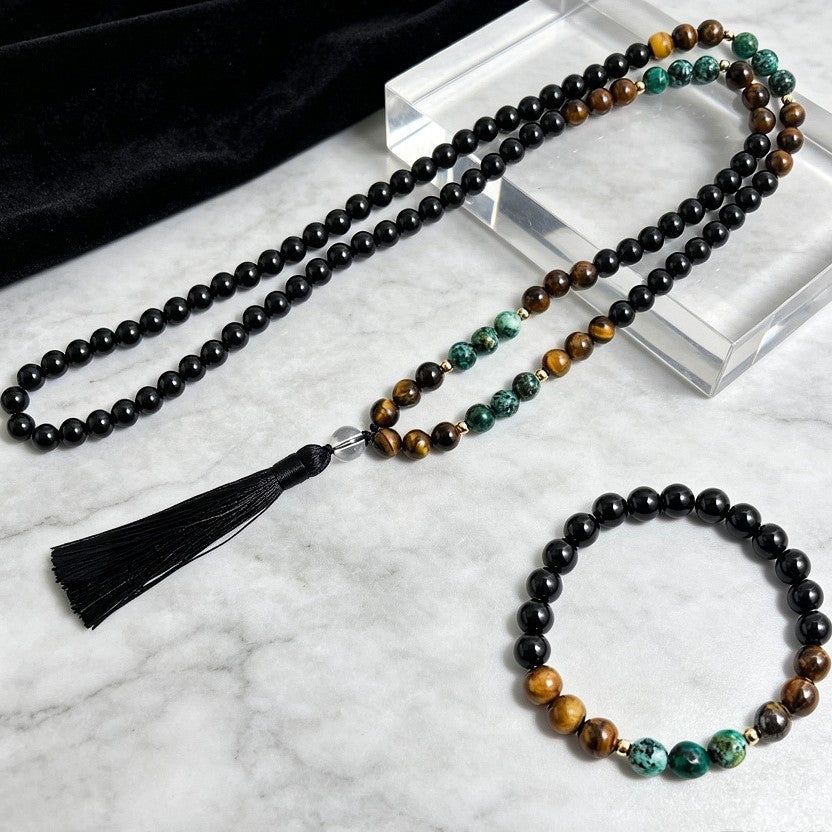 New cross-border 108-bead long tassel necklace with tiger eye stone and African turquoise, suitable for yoga and meditation - image 2