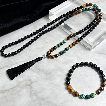 New cross-border 108-bead long tassel necklace with tiger eye stone and African turquoise, suitable for yoga and meditation - image 2