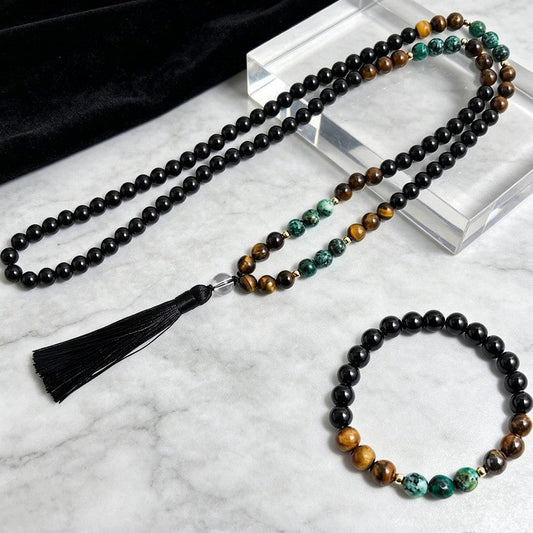 New cross-border 108-bead long tassel necklace with tiger eye stone and African turquoise, suitable for yoga and meditation - image 2
