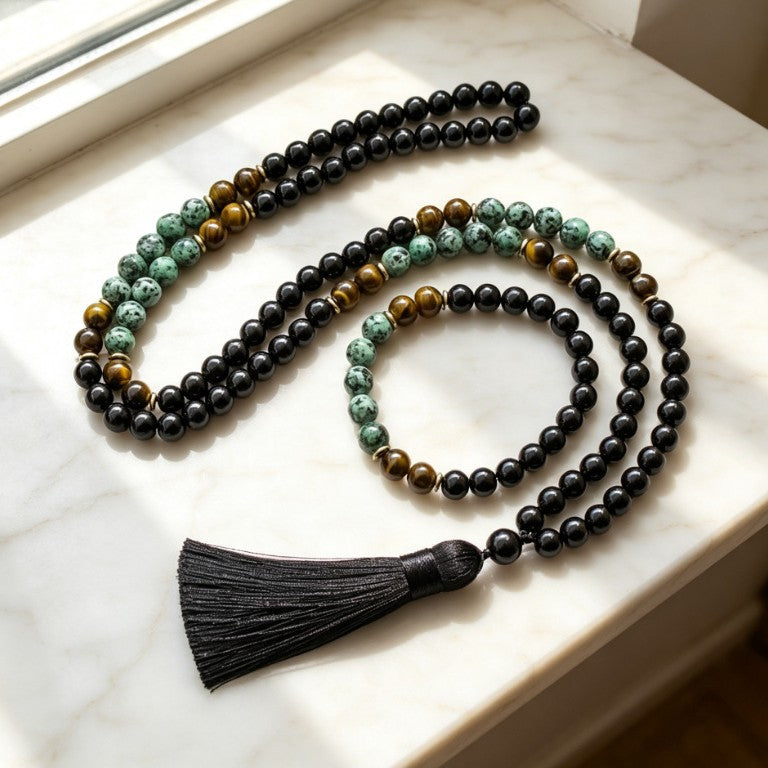 New cross-border 108-bead long tassel necklace with tiger eye stone and African turquoise, suitable for yoga and meditation - image 3