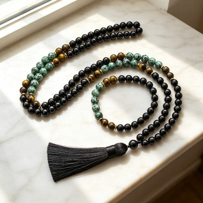New cross-border 108-bead long tassel necklace with tiger eye stone and African turquoise, suitable for yoga and meditation - image 3