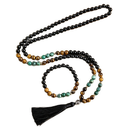New cross-border 108-bead long tassel necklace with tiger eye stone and African turquoise, suitable for yoga and meditation - image 5