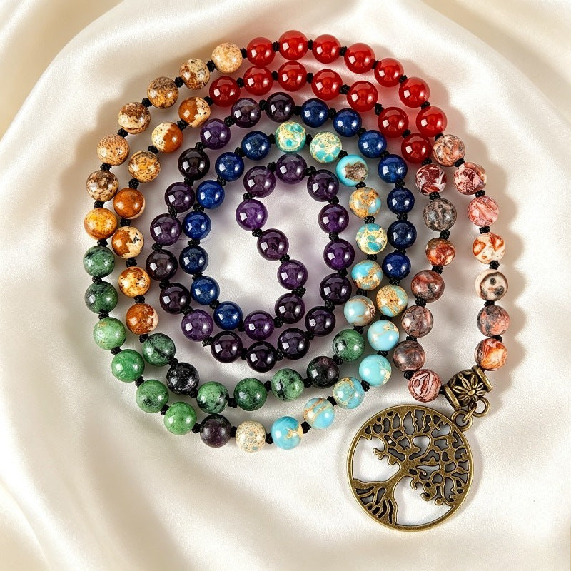 Colorful 108 Mala Bead Bracelet, Real Gemstone Meditation Bracelet, Life Tree Lotus Pendant Yoga Necklace - image 1