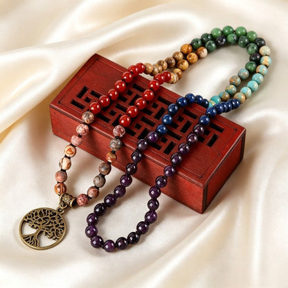 Colorful 108 Mala Bead Bracelet, Real Gemstone Meditation Bracelet, Life Tree Lotus Pendant Yoga Necklace - image 2