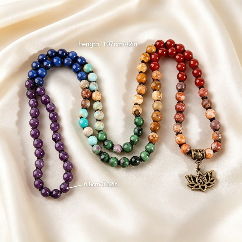 Colorful 108 Mala Bead Bracelet, Real Gemstone Meditation Bracelet, Life Tree Lotus Pendant Yoga Necklace - image 3