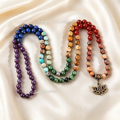 Colorful 108 Mala Bead Bracelet, Real Gemstone Meditation Bracelet, Life Tree Lotus Pendant Yoga Necklace - image 3