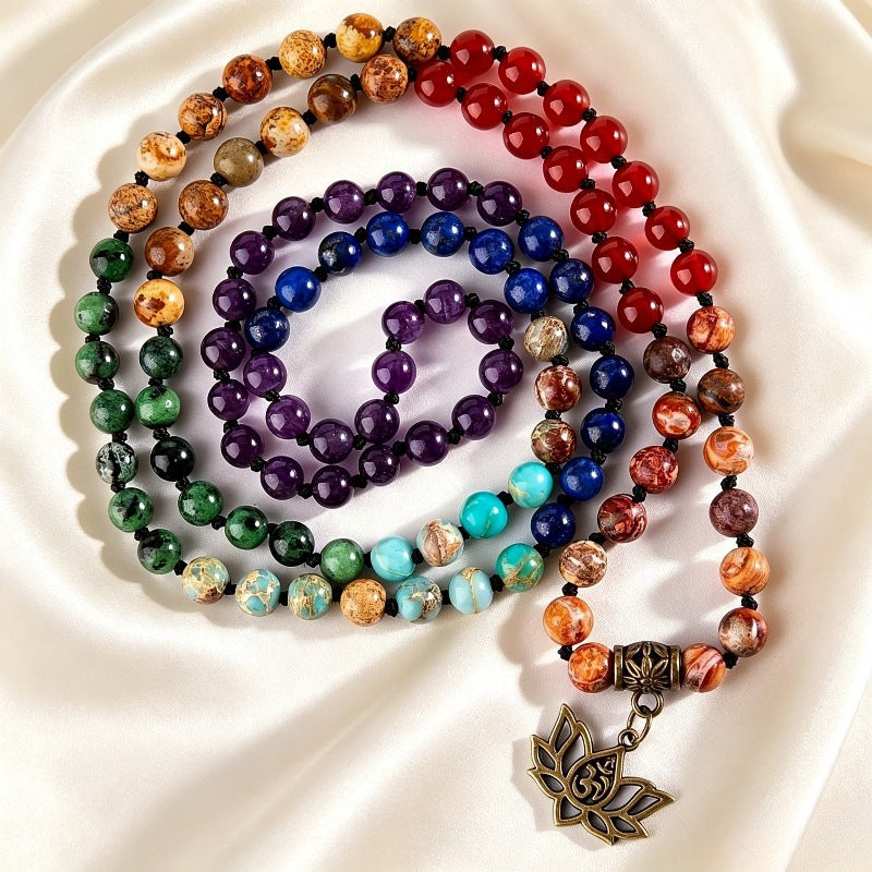 Colorful 108 Mala Bead Bracelet, Real Gemstone Meditation Bracelet, Life Tree Lotus Pendant Yoga Necklace - image 4