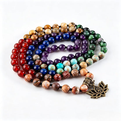 Colorful 108 Mala Bead Bracelet, Real Gemstone Meditation Bracelet, Life Tree Lotus Pendant Yoga Necklace - image 5
