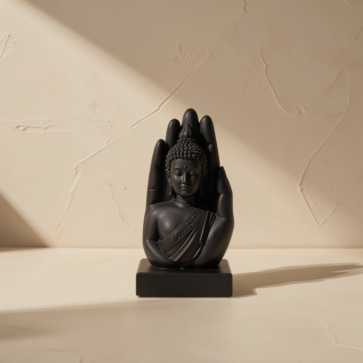 Plastic 3D printed Buddha hand sculpture with a meditation theme