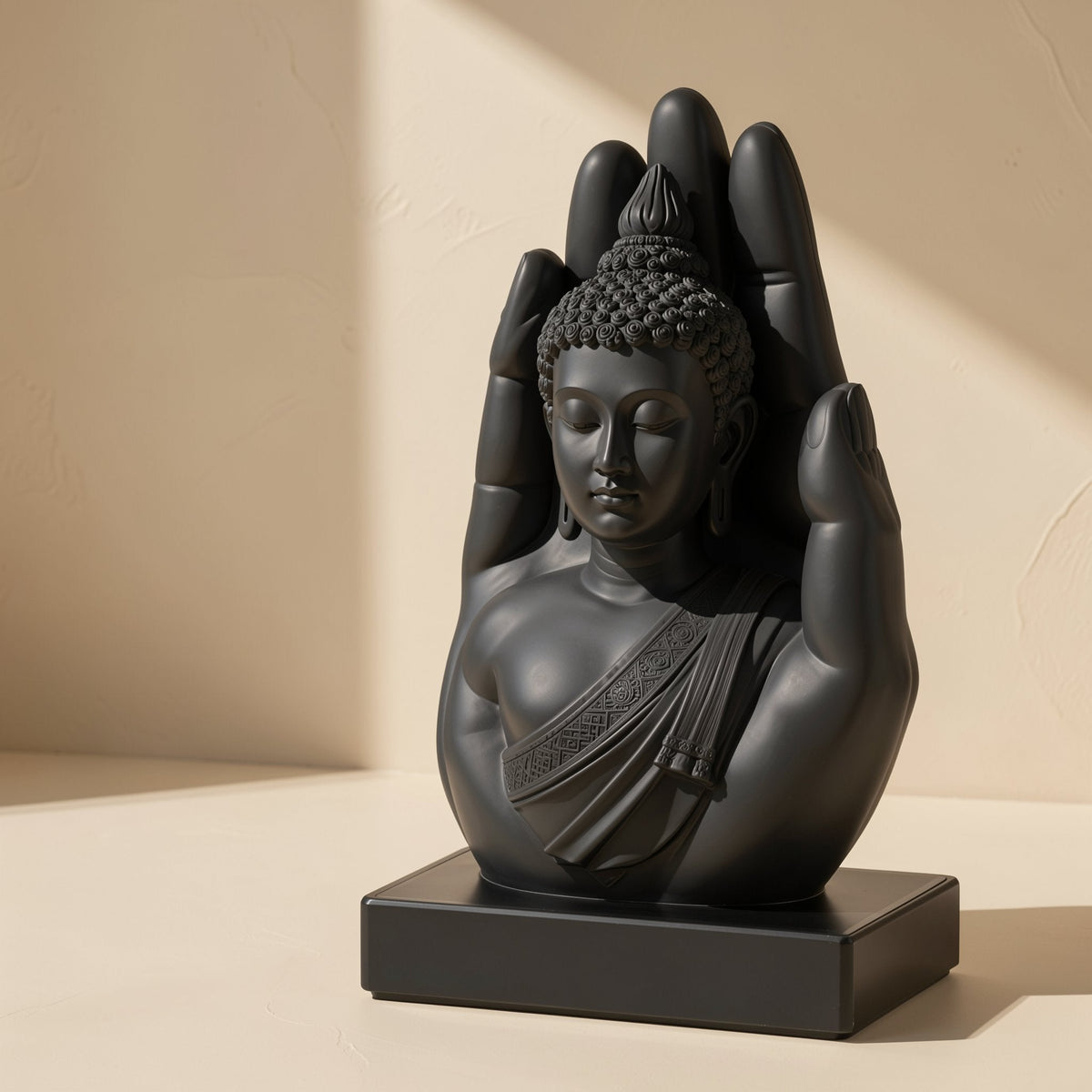 Plastic 3D printed Buddha hand sculpture with a meditation theme - view 3