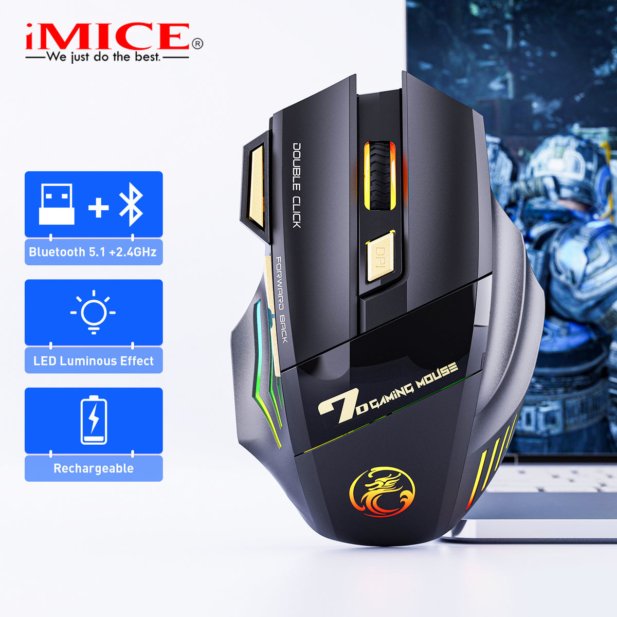 Imice Factory Direct Supply 7-Button Double-Click-Free 2.4g Silent Rechargeable Colorful Breathing Light Wireless Gaming Mouse - image 3