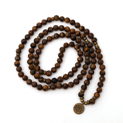 8mm Tiger Eye Stone Beads Strand Charm Chakra Bracelet or Necklace Yoga Lotus OM Buddha 108 Mala Bracelet for Men Women