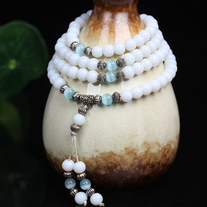 Fashion 6mm White Chalcedony Beaded  Stone Tibetan Buddhist 108 Prayer Beads Necklace Gourd mala Prayer Bracelet for Meditation