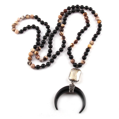 New ! 108 Beads Mala Black Stone Knotted Crystal Link Black crescent Moon Charm Pendant Necklace Women Meditation Yoga Necklace