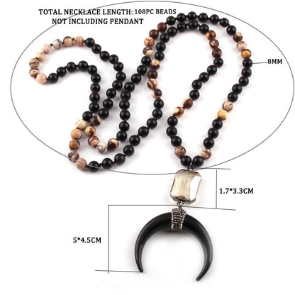 New ! 108 Beads Mala Black Stone Knotted Crystal Link Black crescent Moon Charm Pendant Necklace Women Meditation Yoga Necklace