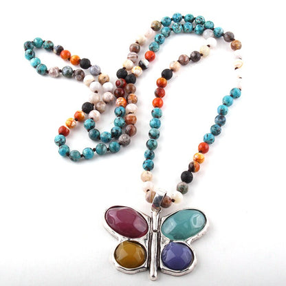New ! 108 Beads Mala Multi Stone Knotted Butterfly Charm Pendant Necklace Women Meditation Yoga Necklace