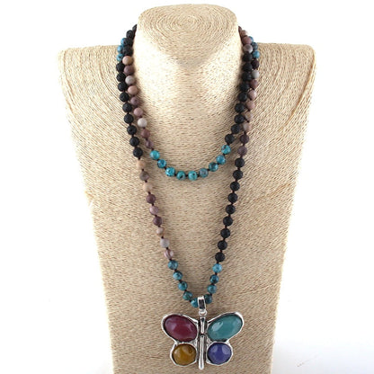 New ! 108 Beads Mala Multi Stone Knotted Butterfly Charm Pendant Necklace Women Meditation Yoga Necklace