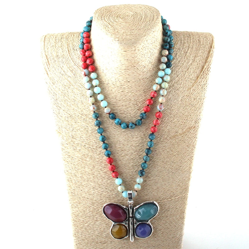 New ! 108 Beads Mala Multi Stone Knotted Butterfly Charm Pendant Necklace Women Meditation Yoga Necklace