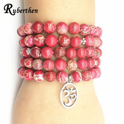 Ruberthen Fashion Yoga Ohm Bracelet New Design Women`s Healing Spiritual Jewelry Trendy Natural Red Regalite 108 Mala Bracelet
