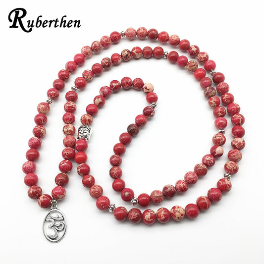 Ruberthen Fashion Yoga Ohm Bracelet New Design Women`s Healing Spiritual Jewelry Trendy Natural Red Regalite 108 Mala Bracelet