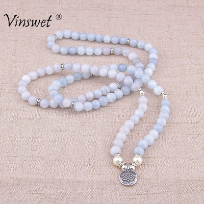 Women Bracelet Natural Stone Bracelet Beads Aquamarin with Lotus Charm Yoga Bracelet 108 Mala Necklace for Men Women
