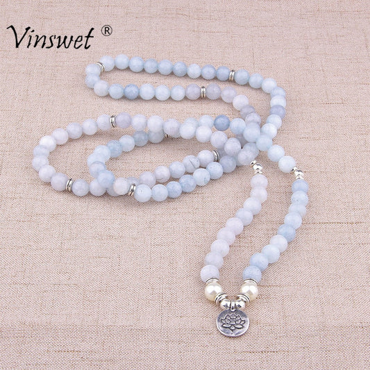 Women Bracelet Natural Stone Bracelet Beads Aquamarin with Lotus Charm Yoga Bracelet 108 Mala Necklace for Men Women
