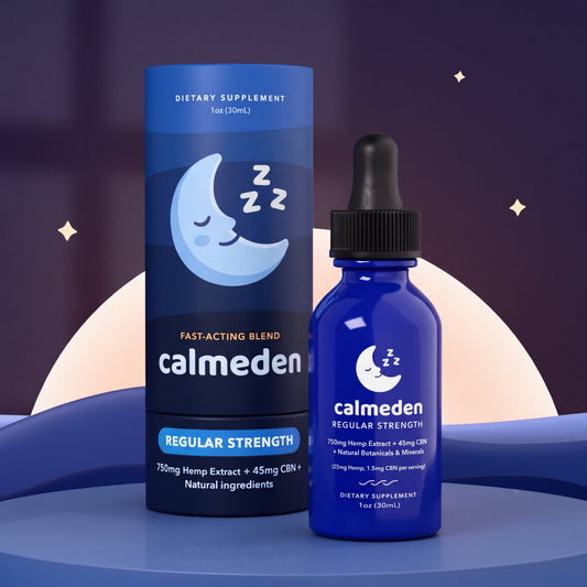 CalmEden Natural Sleep Drops bottle and tube in front of a glowing moon