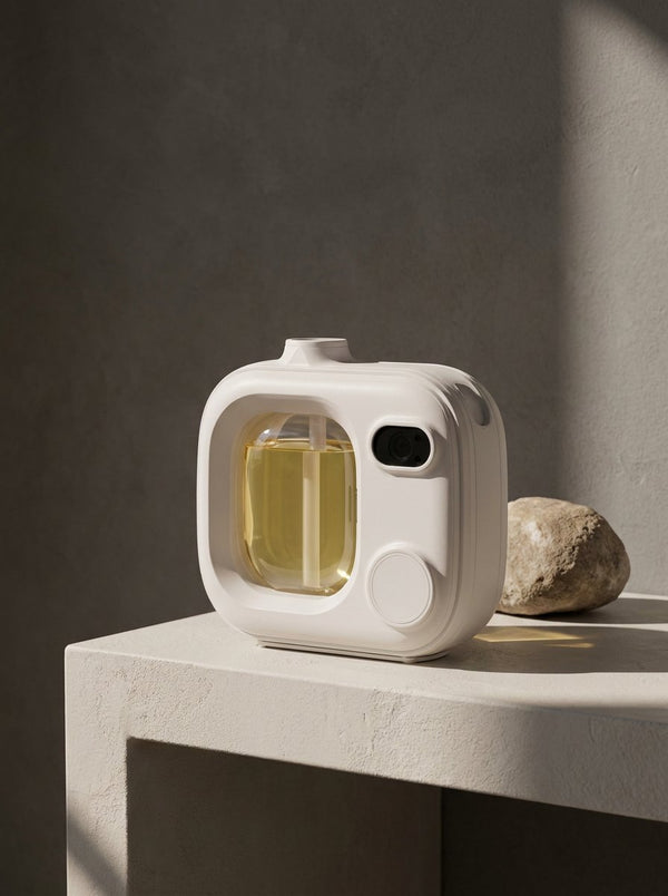 A white aromatherapy diffuser on a pale console with a single natural stone in directional light.