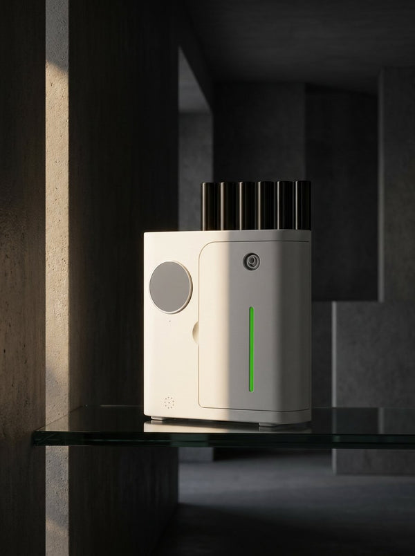 A white square aromatherapy diffuser on a dark glass shelf in a shadowed interior.