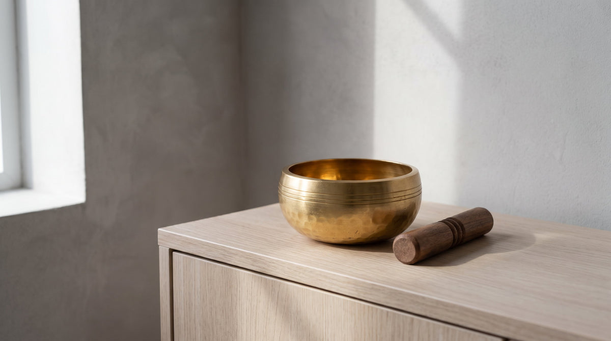 A brass singing bowl on a pale wooden console against a grey plaster wall.